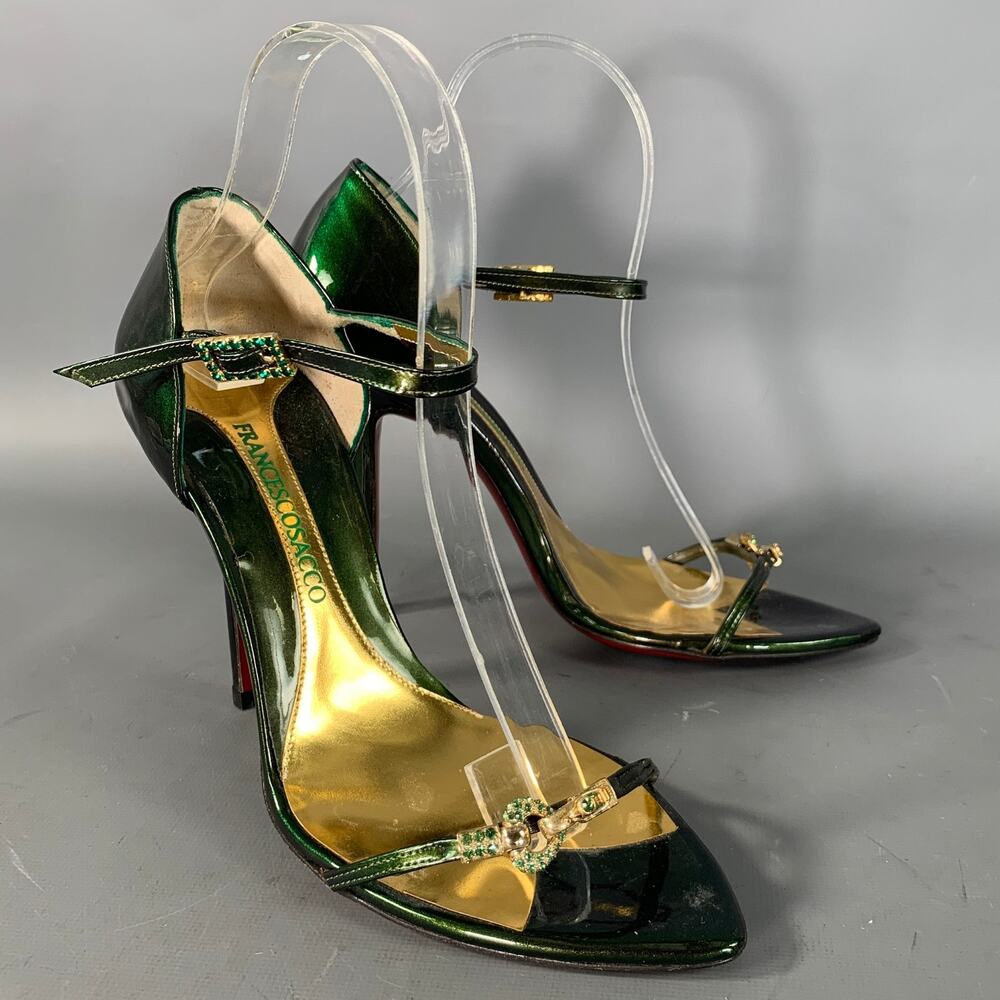 FRANCESCO SACCO Size 8 Green Gold Leather Iridescent Strappy Sandals